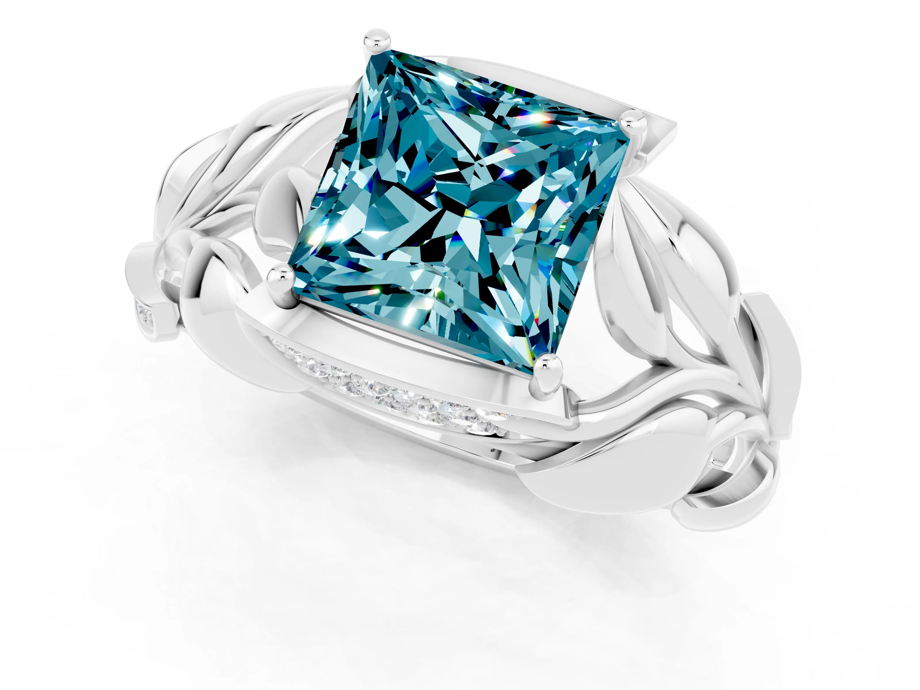 White gold Princess Cut Solitaire Leaf-Inspired Engagement Ring with Prong Setting_1