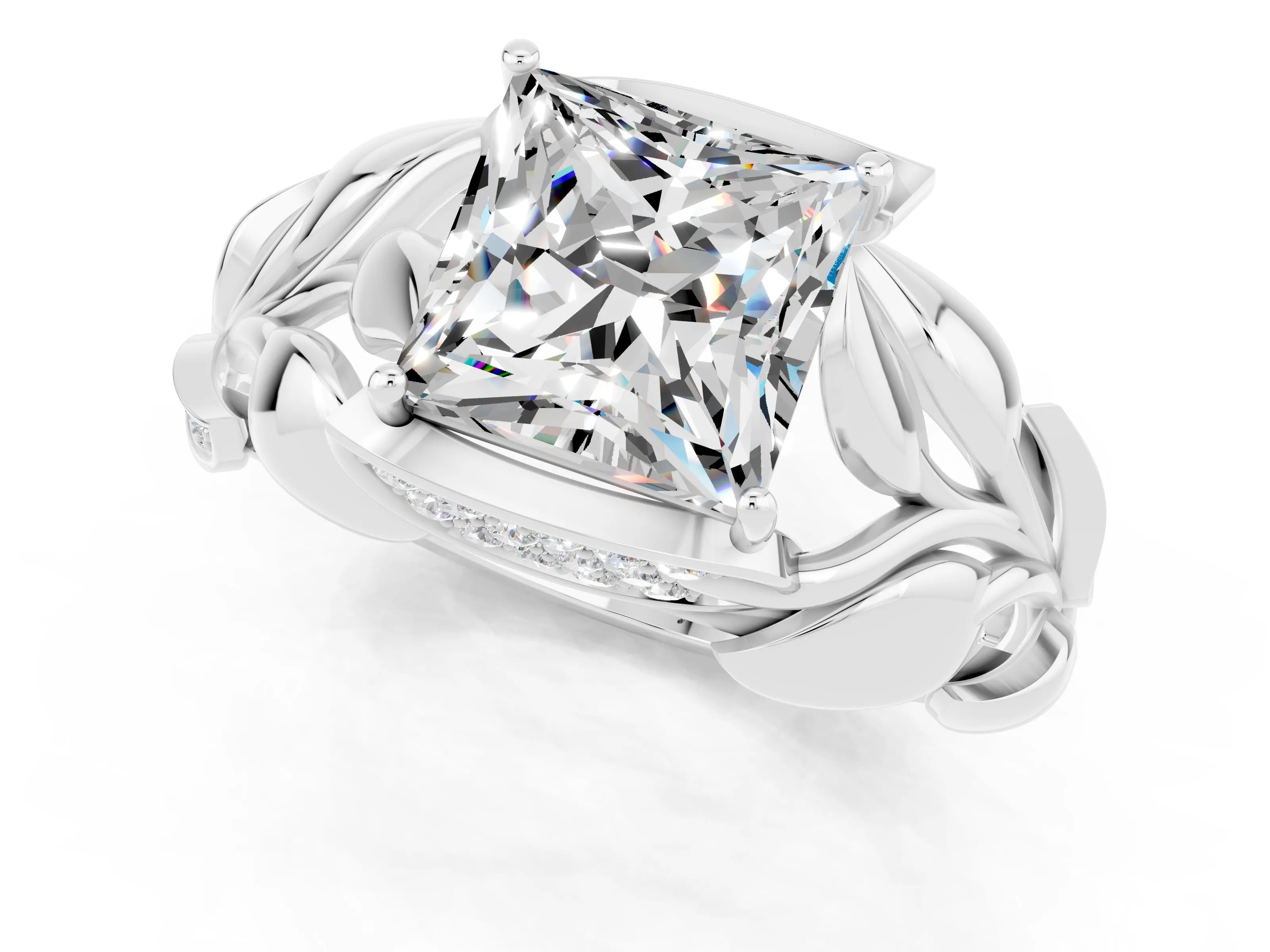 White gold Princess Cut Solitaire Leaf-Inspired Engagement Ring with Prong Setting_1