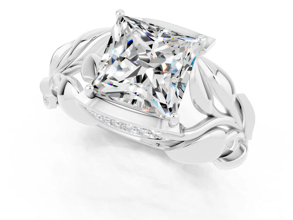 Silver Princess Cut Moissanite Leaf-Inspired Engagement Ring with Round Accents and Prong Setting
