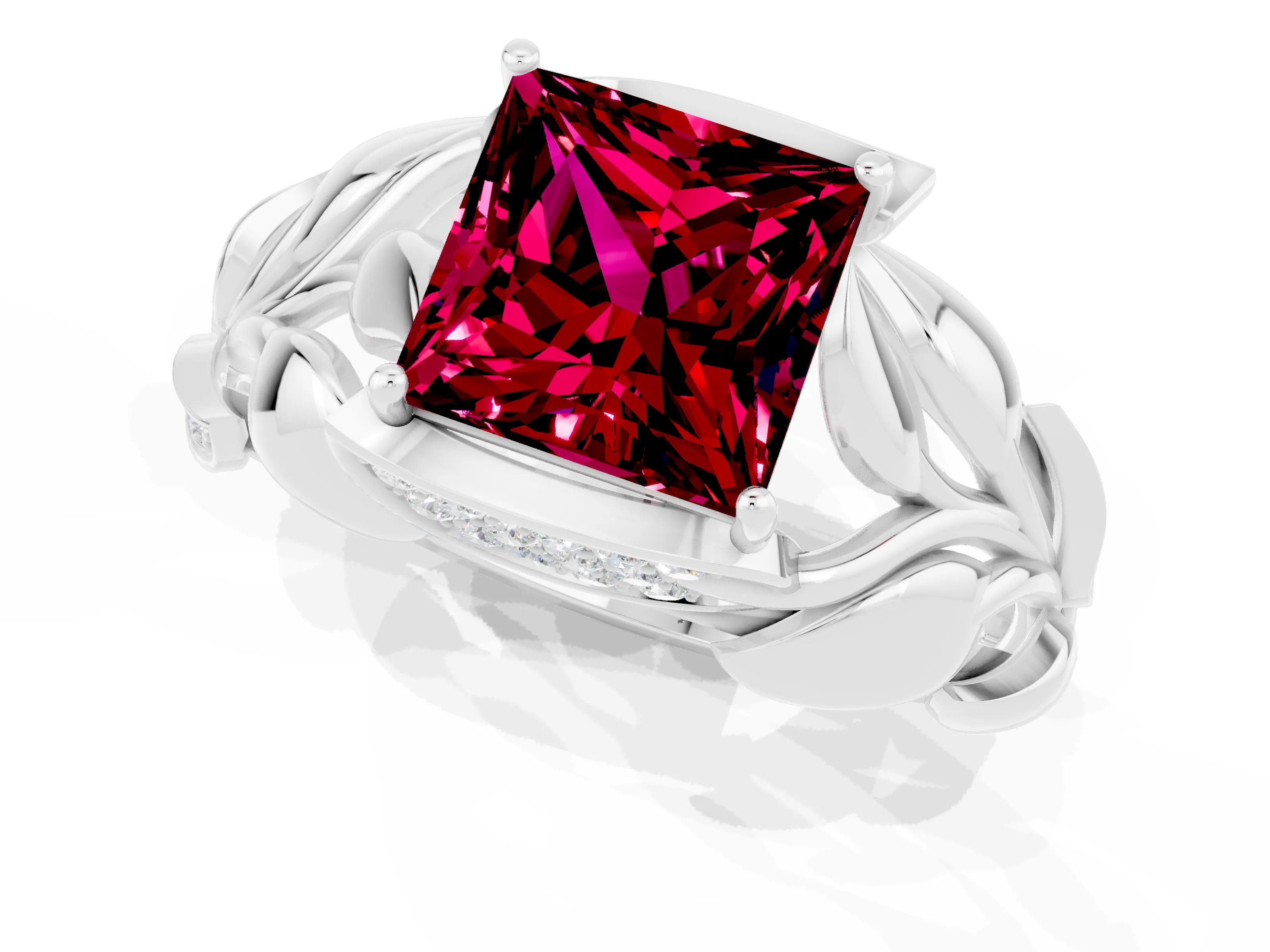 White gold Princess Cut Solitaire Leaf-Inspired Engagement Ring with Prong Setting_1