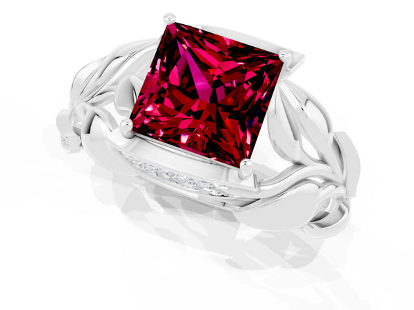 White gold Princess Cut Garnet Leaf-Inspired Engagement Ring with Round Accents and Prong Setting