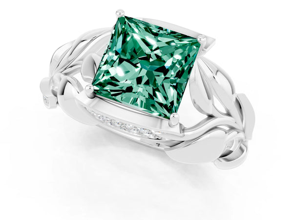 Silver Princess Cut Green Sapphire Leaf-Inspired Engagement Ring with Round Accents and Prong Setting