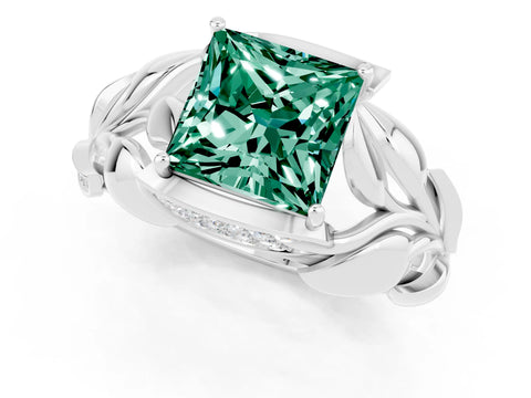 White gold Princess Cut Solitaire Leaf-Inspired Engagement Ring with Prong Setting_1