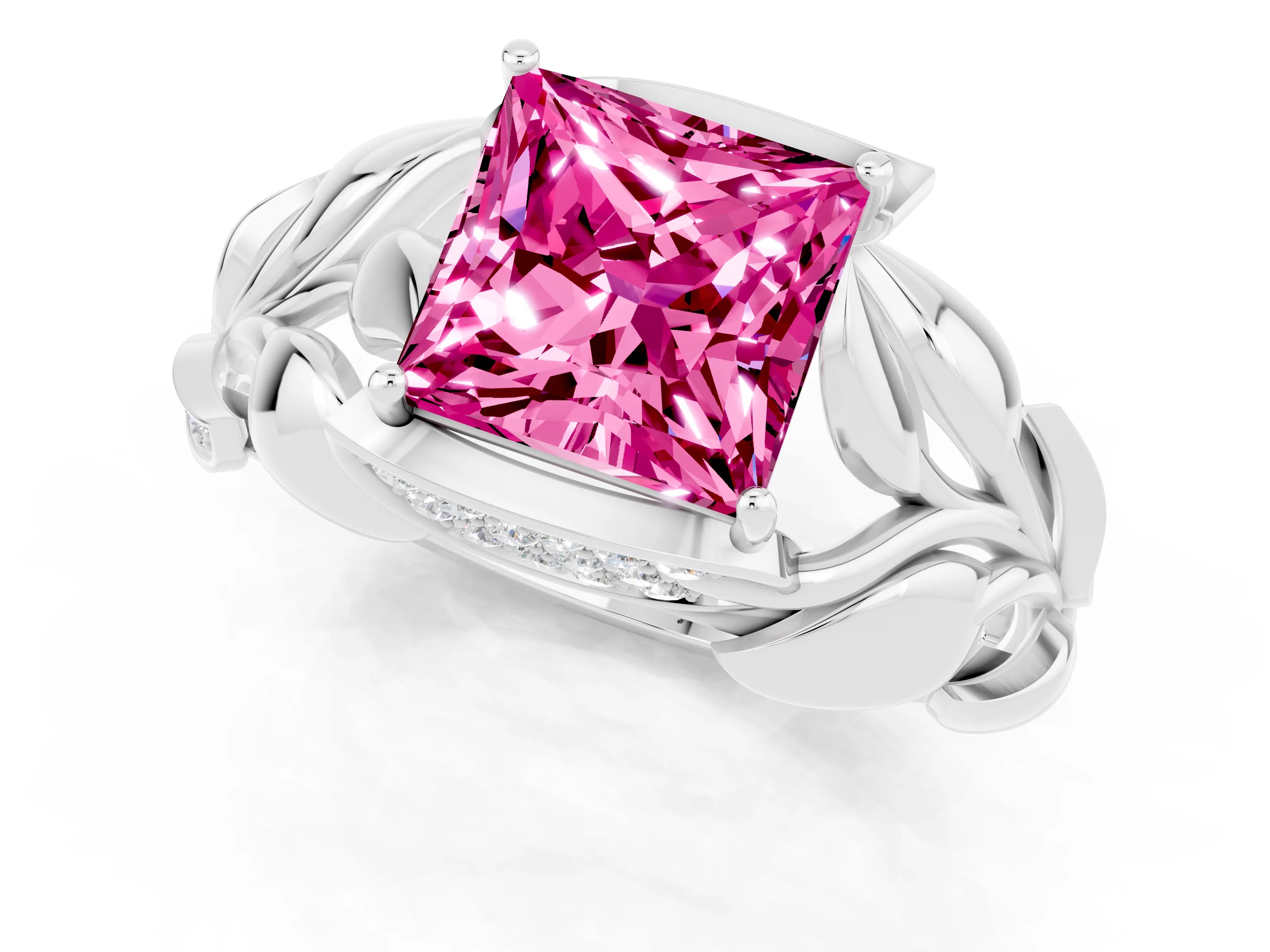White gold Princess Cut Solitaire Leaf-Inspired Engagement Ring with Prong Setting_1