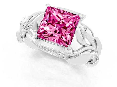 White gold Princess Cut Solitaire Leaf-Inspired Engagement Ring with Prong Setting_1