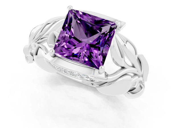 Platinum Princess Cut Amethyst Leaf-Inspired Engagement Ring with Round Accents and Prong Setting