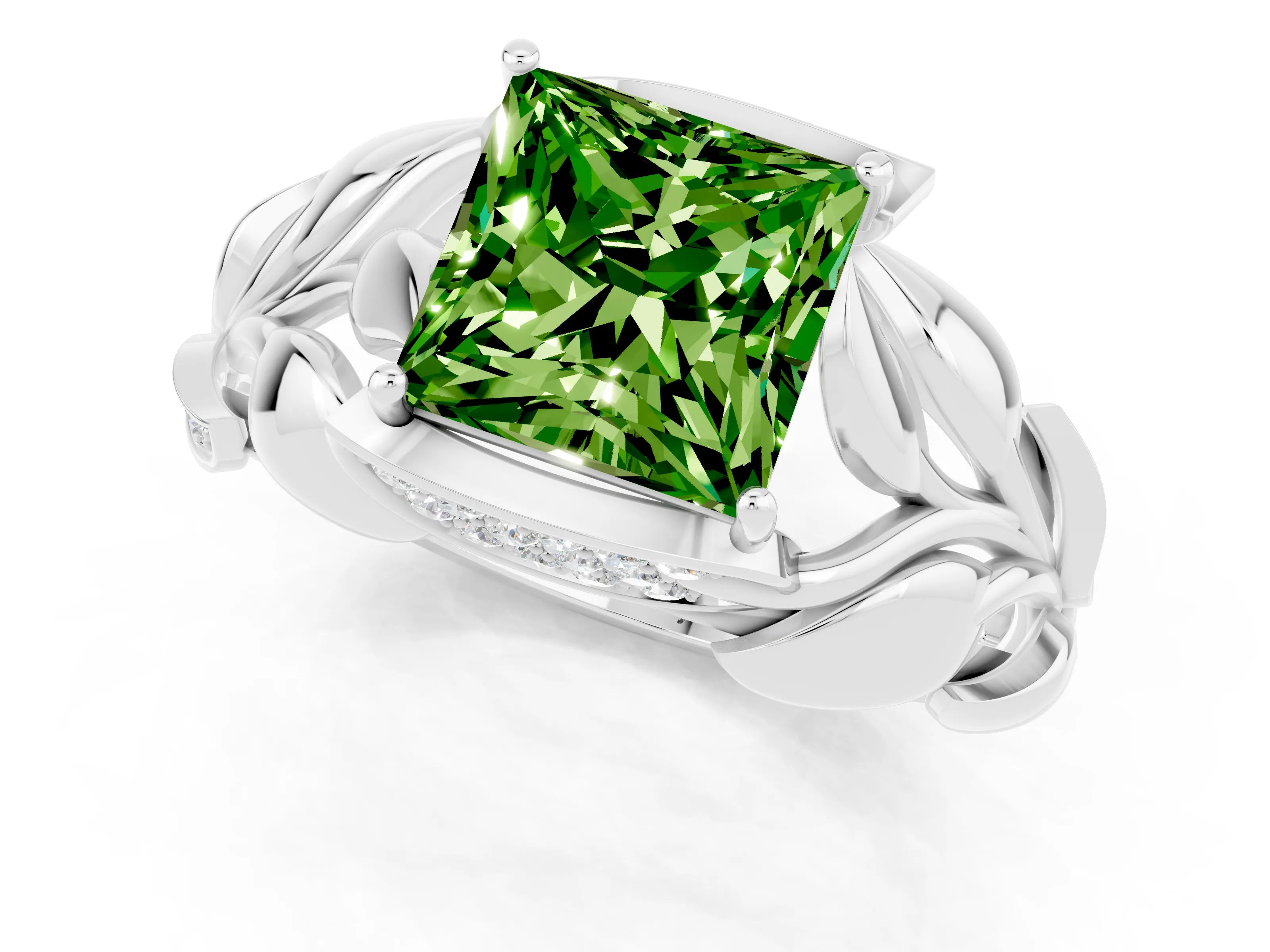 White gold Princess Cut Solitaire Leaf-Inspired Engagement Ring with Prong Setting_1