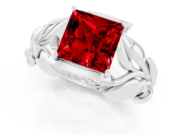 Silver Princess Cut Ruby Leaf-Inspired Engagement Ring with Round Accents and Prong Setting
