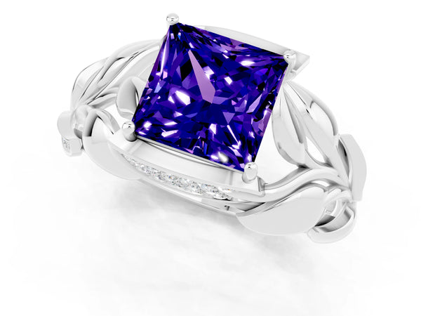 Silver Princess Cut Tanzanite Leaf-Inspired Engagement Ring with Round Accents and Prong Setting