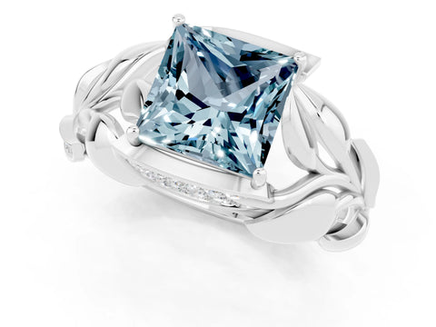 White gold Princess Cut Solitaire Leaf-Inspired Engagement Ring with Prong Setting_1