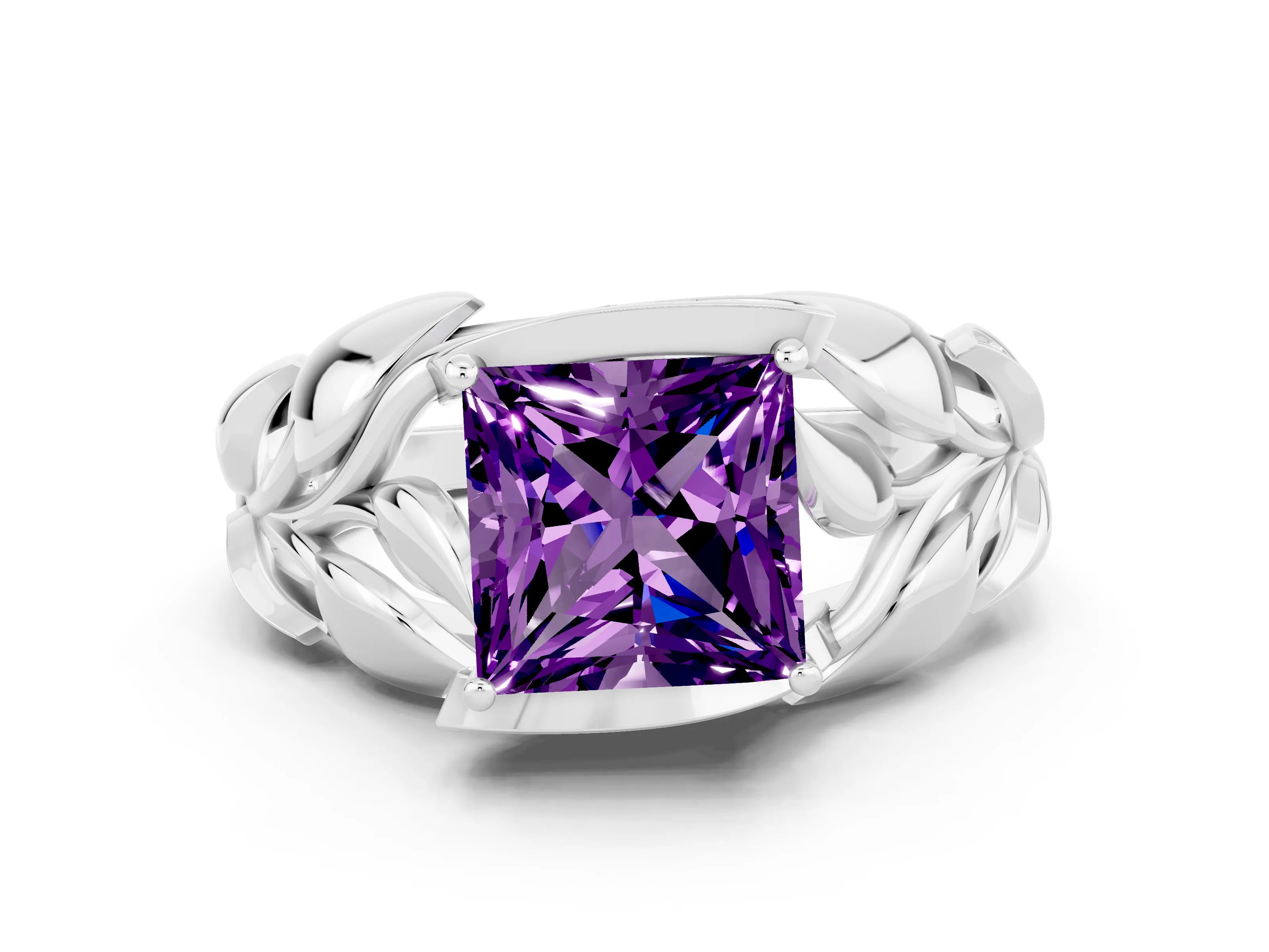 White gold Princess Cut Solitaire Leaf-Inspired Engagement Ring with Prong Setting