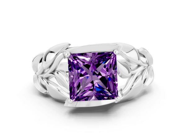 Platinum Princess Cut Amethyst Leaf-Inspired Engagement Ring with Round Accents and Prong Setting
