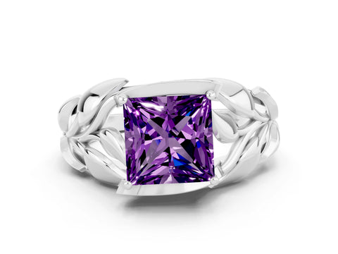 White gold Princess Cut Solitaire Leaf-Inspired Engagement Ring with Prong Setting