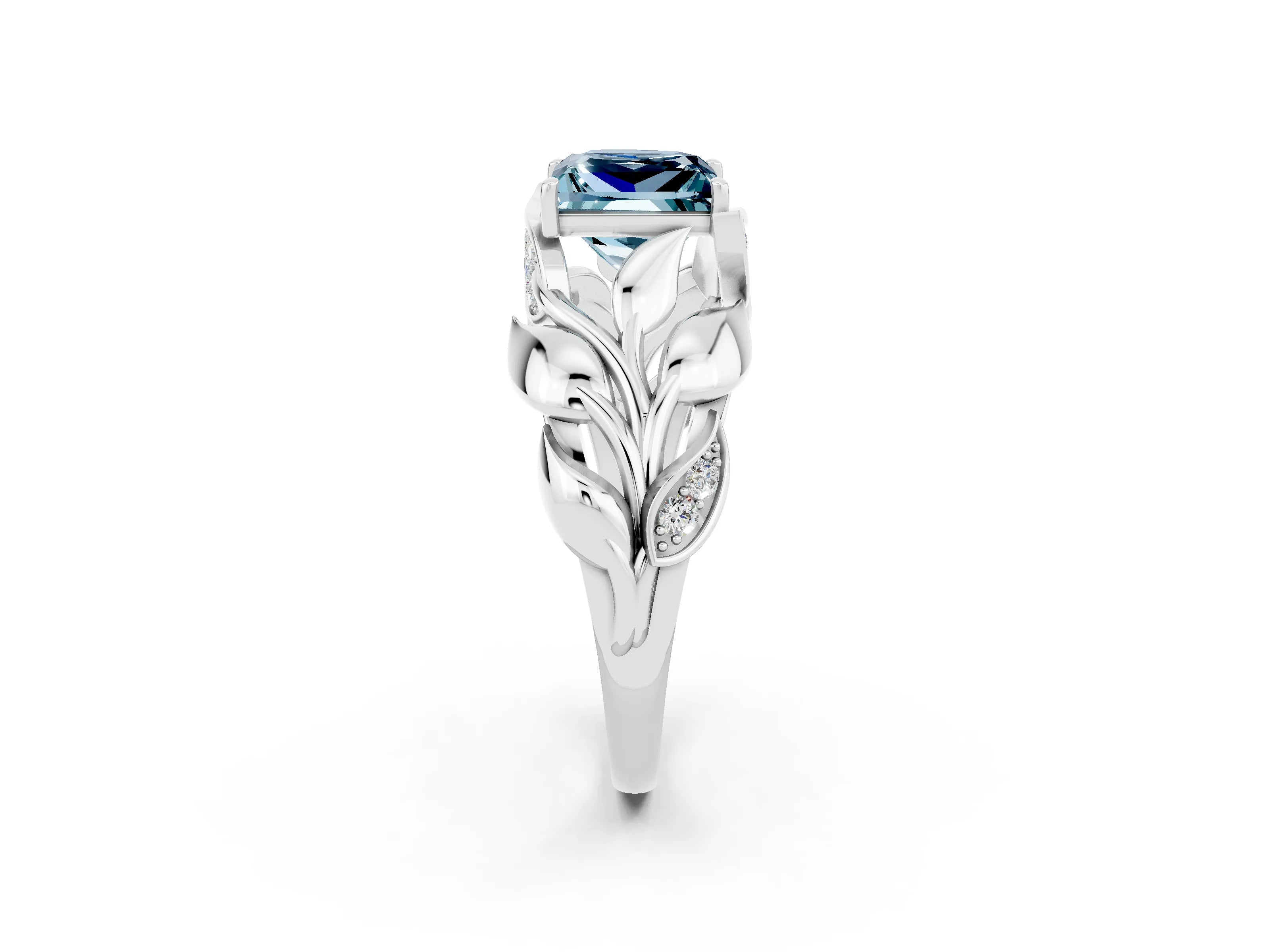 White gold Princess Cut Solitaire Leaf-Inspired Engagement Ring with Prong Setting_2