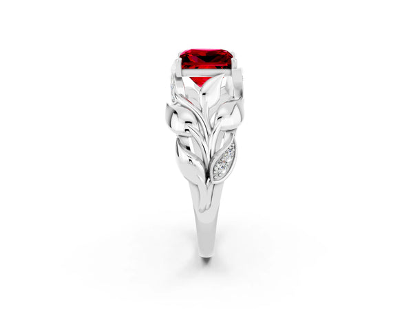 Silver Princess Cut Ruby Leaf-Inspired Engagement Ring with Round Accents and Prong Setting