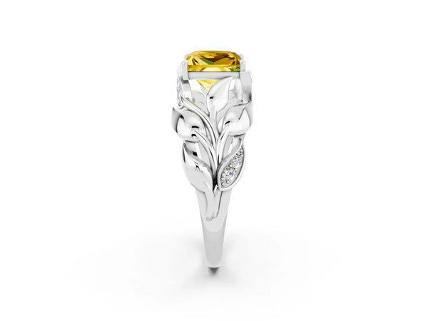 Platinum Princess Cut Yellow Sapphire Leaf-Inspired Engagement Ring with Round Accents and Prong Setting