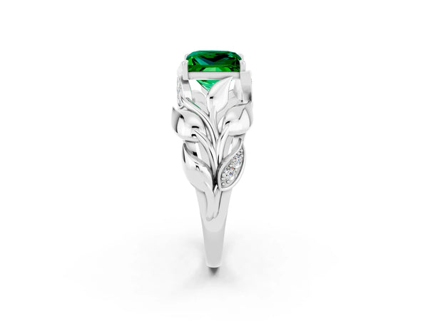 White gold Princess Cut Emerald Leaf-Inspired Engagement Ring with Round Accents and Prong Setting