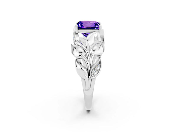 White gold Princess Cut Tanzanite Leaf-Inspired Engagement Ring with Round Accents and Prong Setting