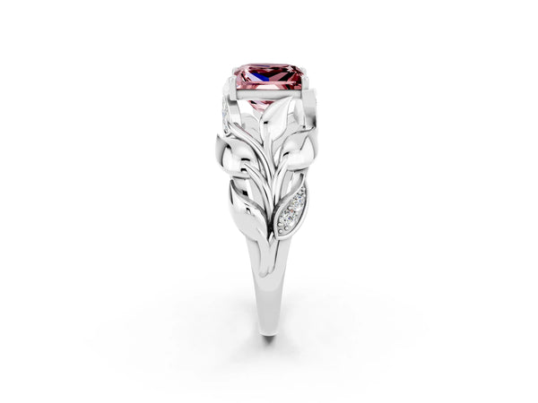 White gold Princess Cut Solitaire Leaf-Inspired Engagement Ring with Prong Setting