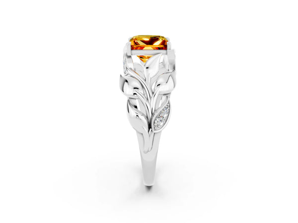 Platinum Princess Cut Citrine Leaf-Inspired Engagement Ring with Round Accents and Prong Setting