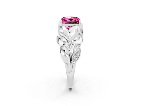 White gold Princess Cut Solitaire Leaf-Inspired Engagement Ring with Prong Setting_2