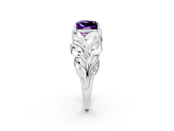 Platinum Princess Cut Amethyst Leaf-Inspired Engagement Ring with Round Accents and Prong Setting