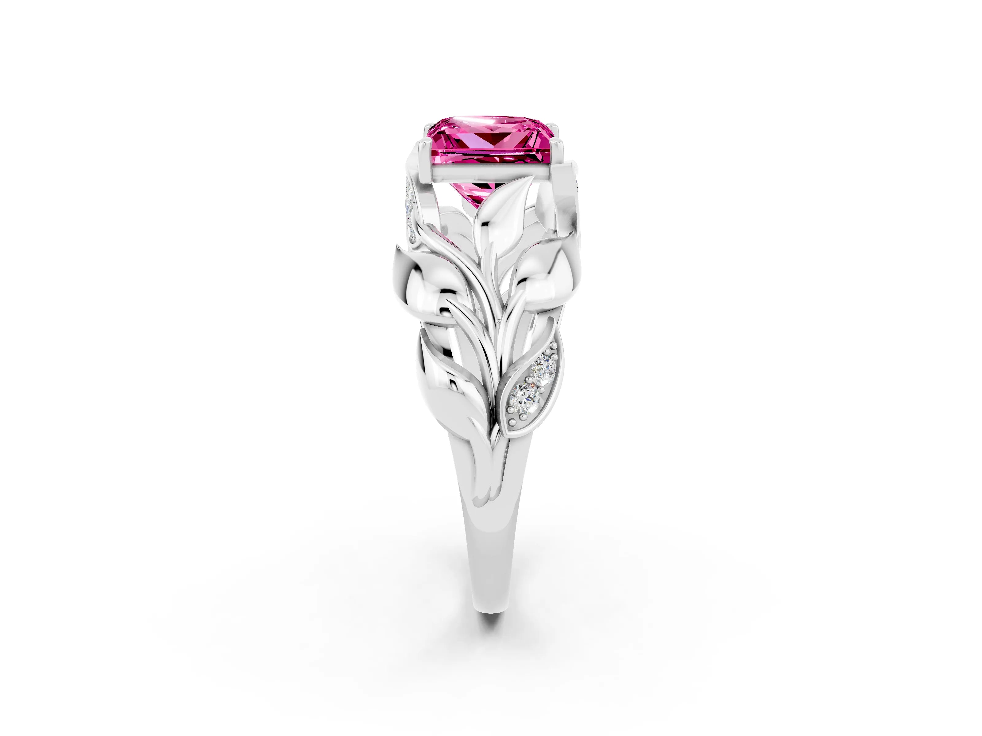 White gold Princess Cut Solitaire Leaf-Inspired Engagement Ring with Prong Setting_2