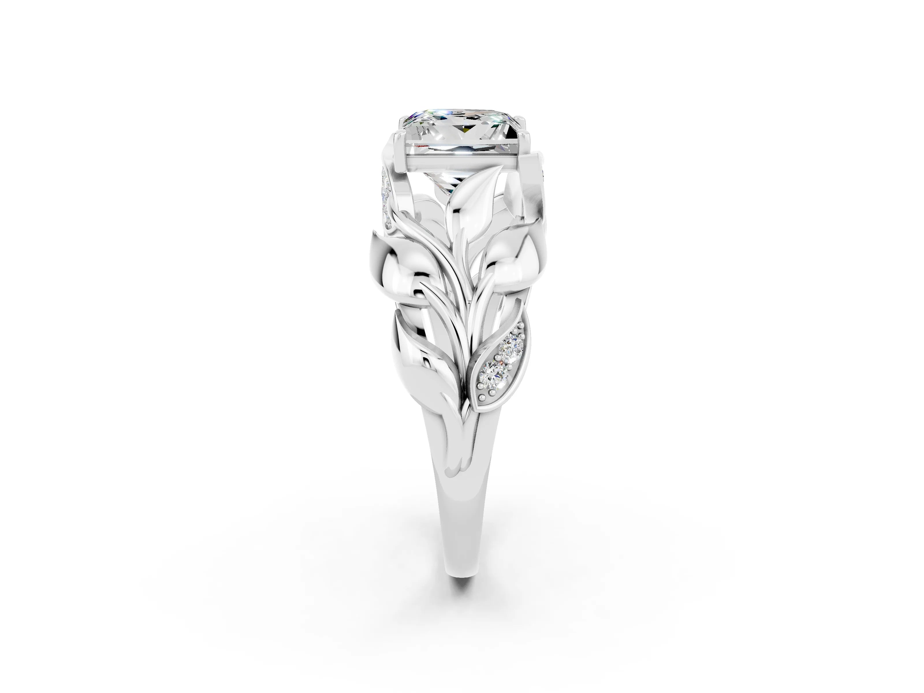 White gold Princess Cut Solitaire Leaf-Inspired Engagement Ring with Prong Setting_2