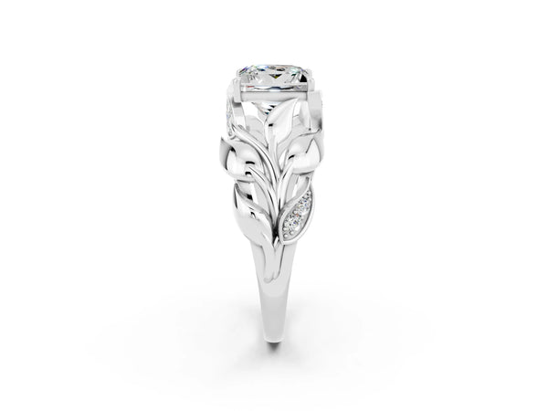Platinum Princess Cut Moissanite Leaf-Inspired Engagement Ring with Round Accents and Prong Setting