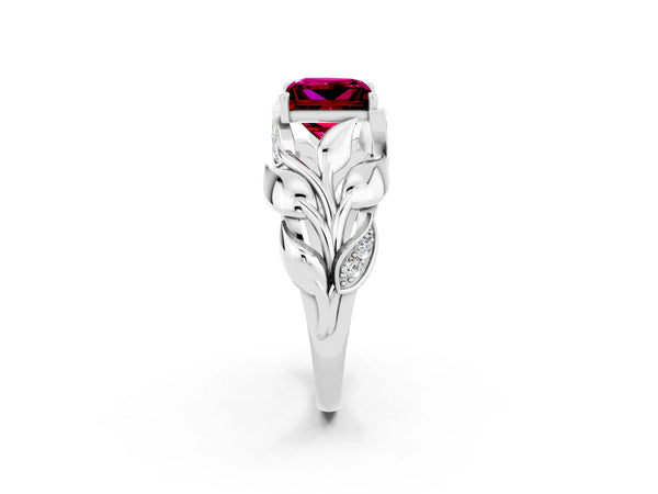 Platinum Princess Cut Garnet Leaf-Inspired Engagement Ring with Round Accents and Prong Setting