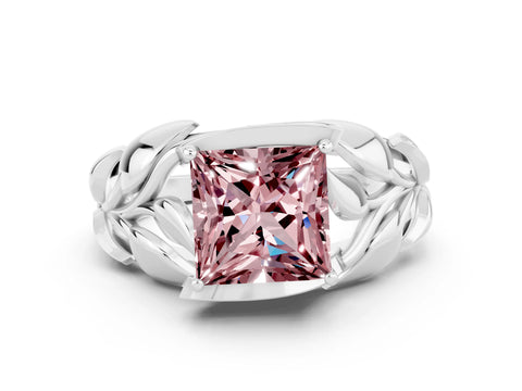White gold Princess Cut Solitaire Leaf-Inspired Engagement Ring with Prong Setting