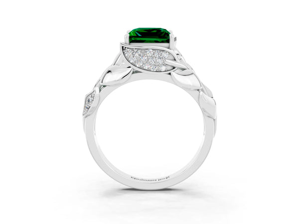 Platinum Princess Cut Emerald Leaf-Inspired Engagement Ring with Round Accents and Prong Setting