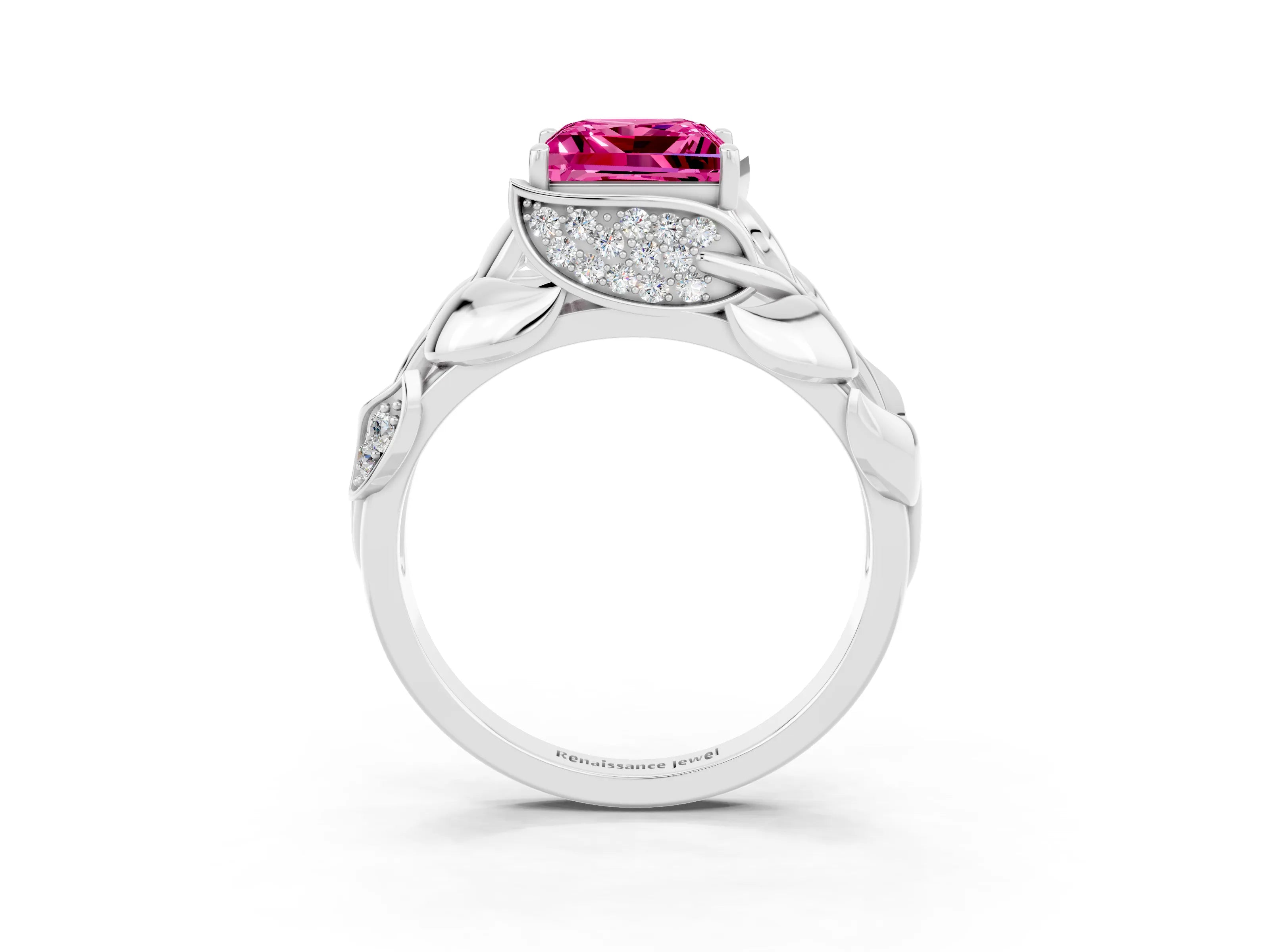 White gold Princess Cut Solitaire Leaf-Inspired Engagement Ring with Prong Setting_3