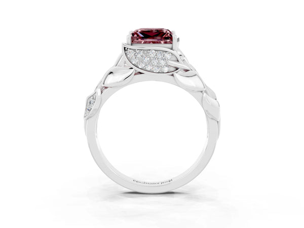 Platinum Princess Cut Solitaire Leaf-Inspired Engagement Ring with Prong Setting