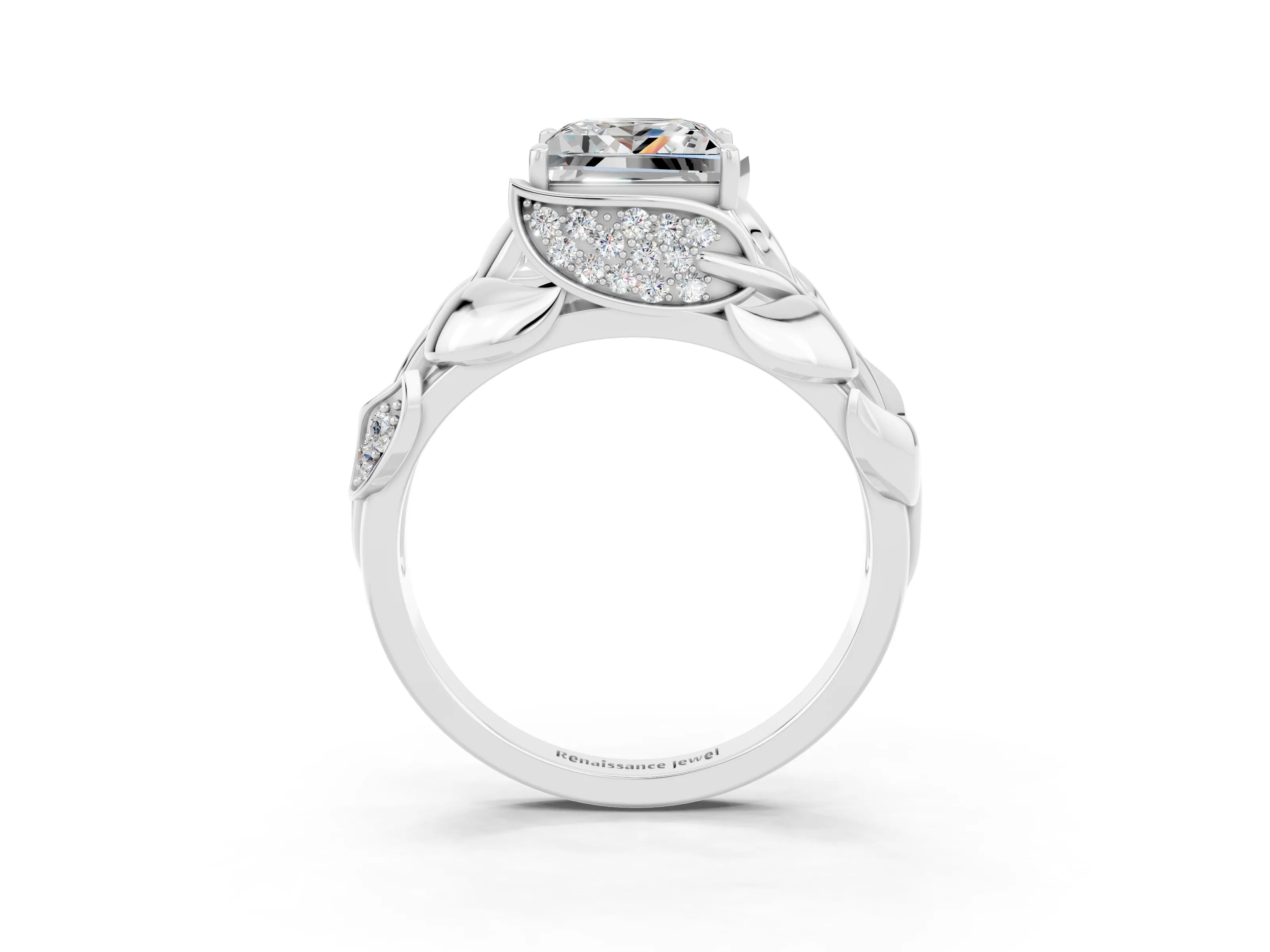 White gold Princess Cut Solitaire Leaf-Inspired Engagement Ring with Prong Setting_3