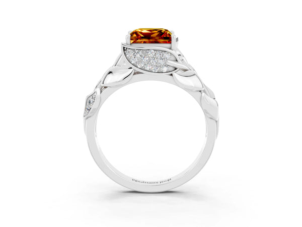 Silver Princess Cut Citrine Leaf-Inspired Engagement Ring with Round Accents and Prong Setting