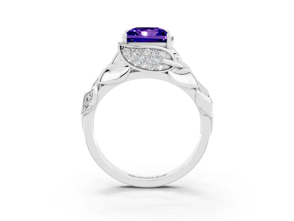 Platinum Princess Cut Tanzanite Leaf-Inspired Engagement Ring with Round Accents and Prong Setting