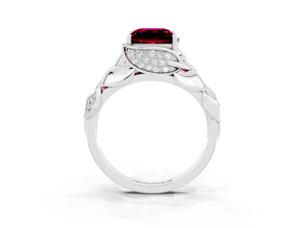 Silver Princess Cut Garnet Leaf-Inspired Engagement Ring with Round Accents and Prong Setting