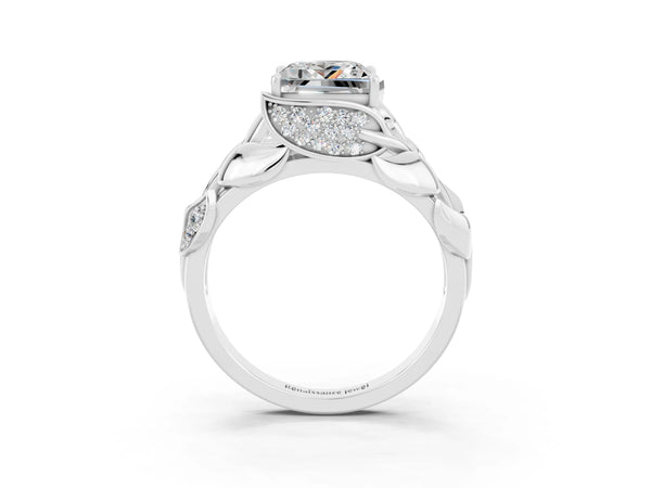 Platinum Princess Cut Moissanite Leaf-Inspired Engagement Ring with Round Accents and Prong Setting