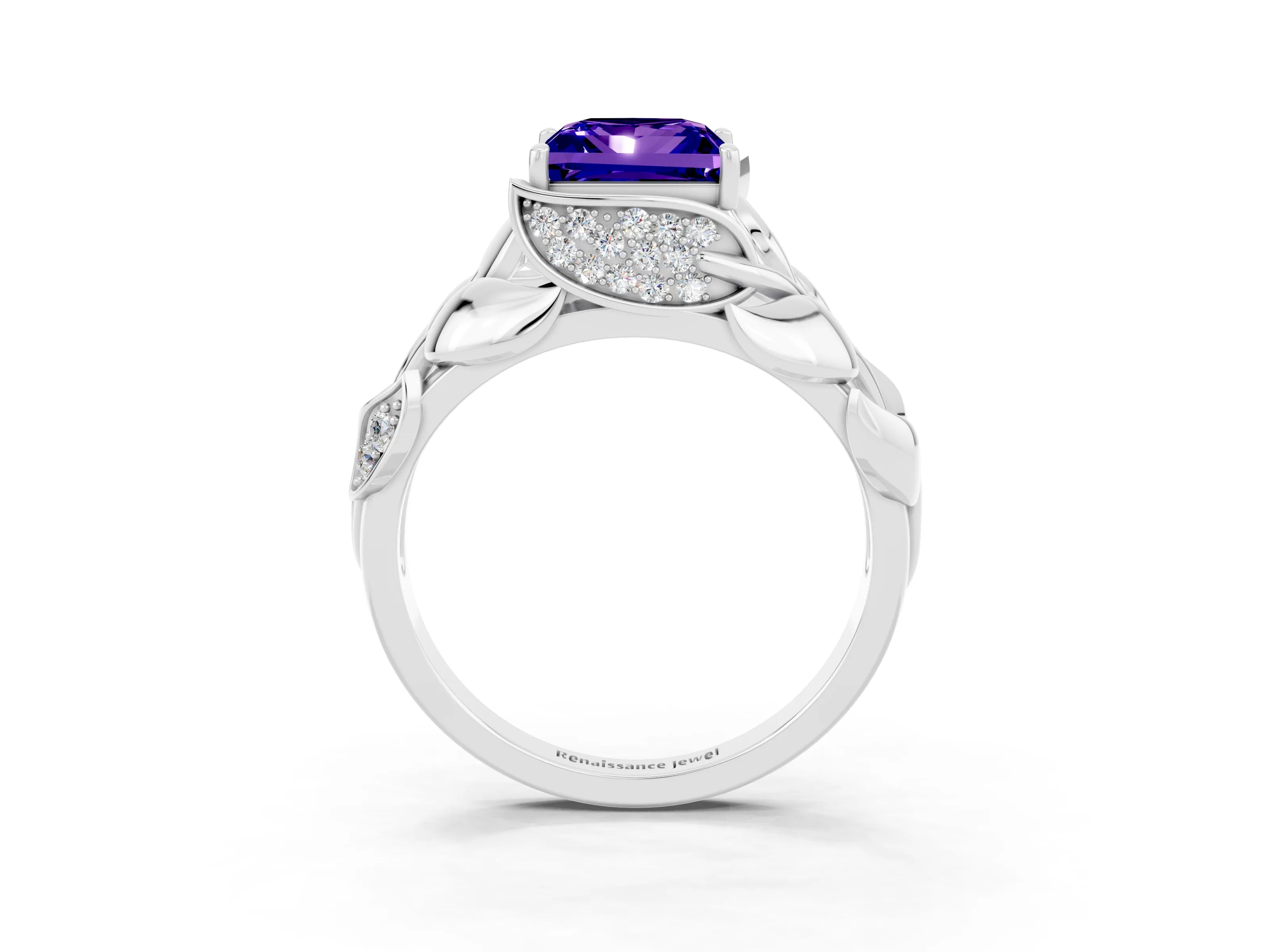 White gold Princess Cut Solitaire Leaf-Inspired Engagement Ring with Prong Setting_3