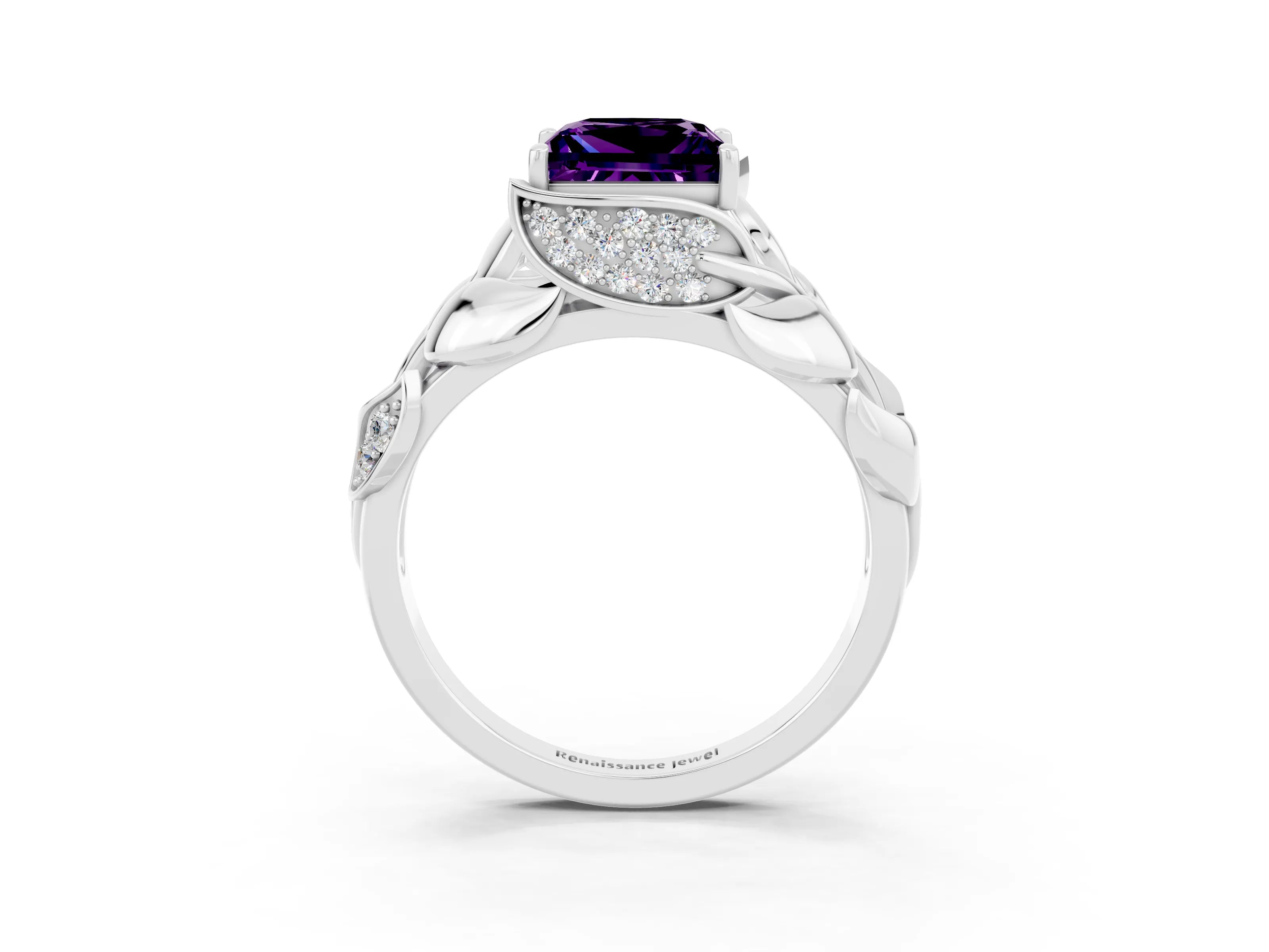 White gold Princess Cut Solitaire Leaf-Inspired Engagement Ring with Prong Setting_3