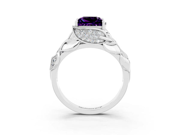Platinum Princess Cut Amethyst Leaf-Inspired Engagement Ring with Round Accents and Prong Setting