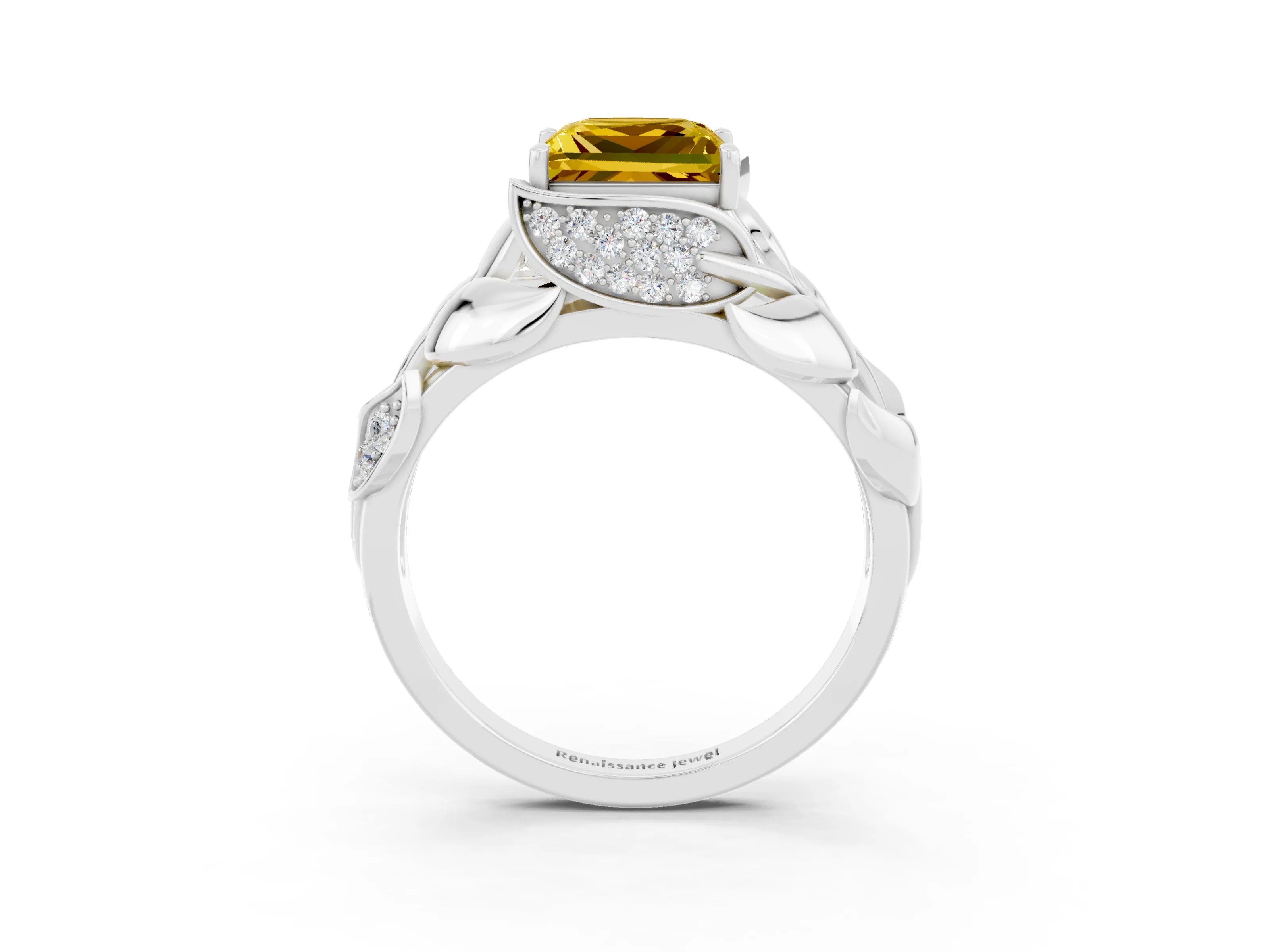 White gold Princess Cut Solitaire Leaf-Inspired Engagement Ring with Prong Setting_3