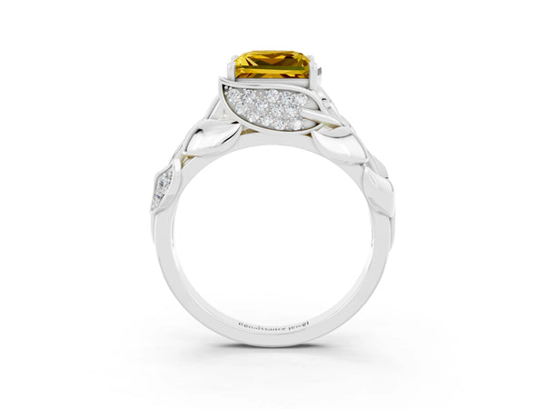 Silver Princess Cut Yellow Sapphire Leaf-Inspired Engagement Ring with Round Accents and Prong Setting
