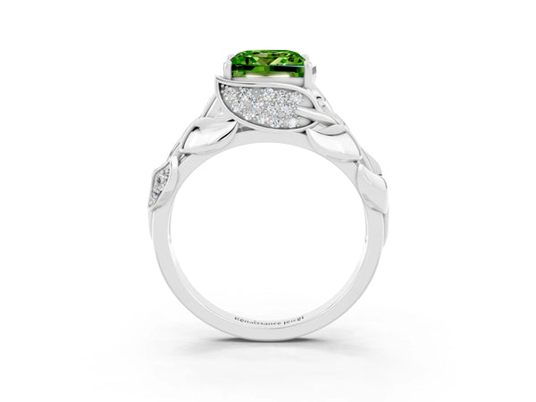 White gold Princess Cut Solitaire Leaf-Inspired Engagement Ring with Prong Setting