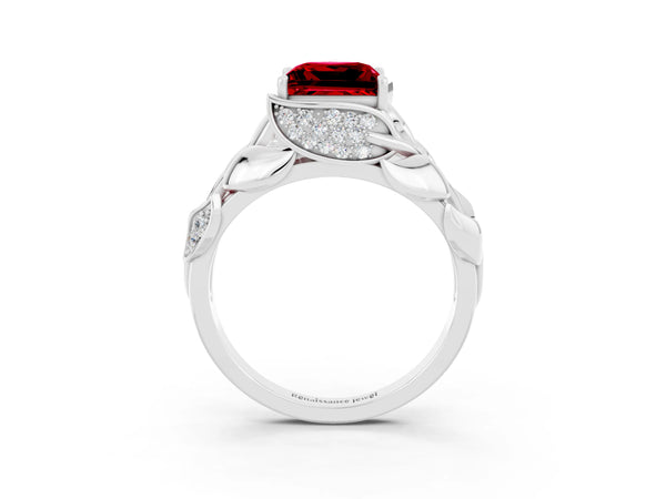 White gold Princess Cut Ruby Leaf-Inspired Engagement Ring with Round Accents and Prong Setting