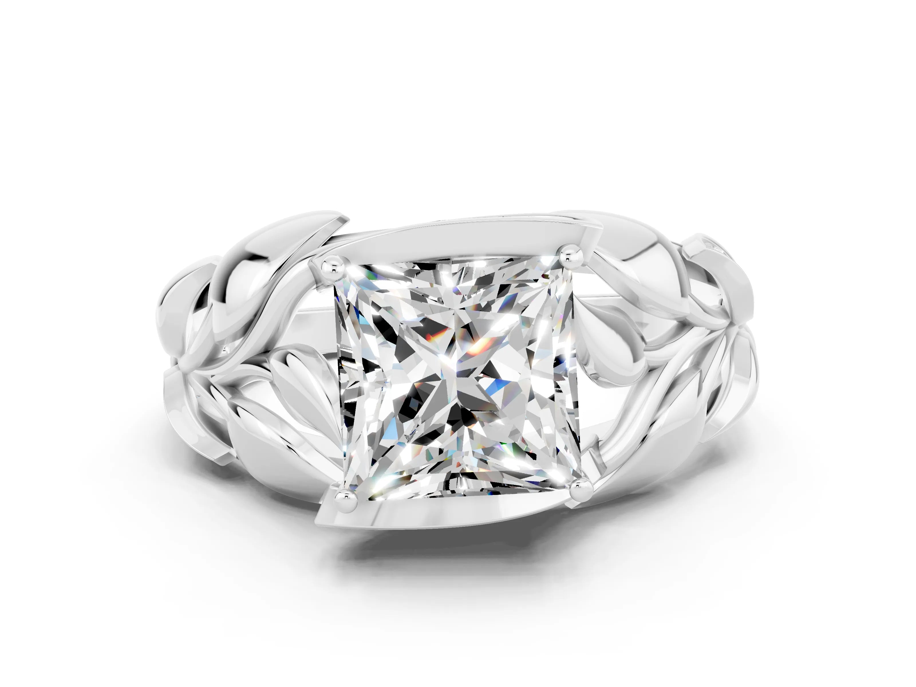 White gold Princess Cut Solitaire Leaf-Inspired Engagement Ring with Prong Setting