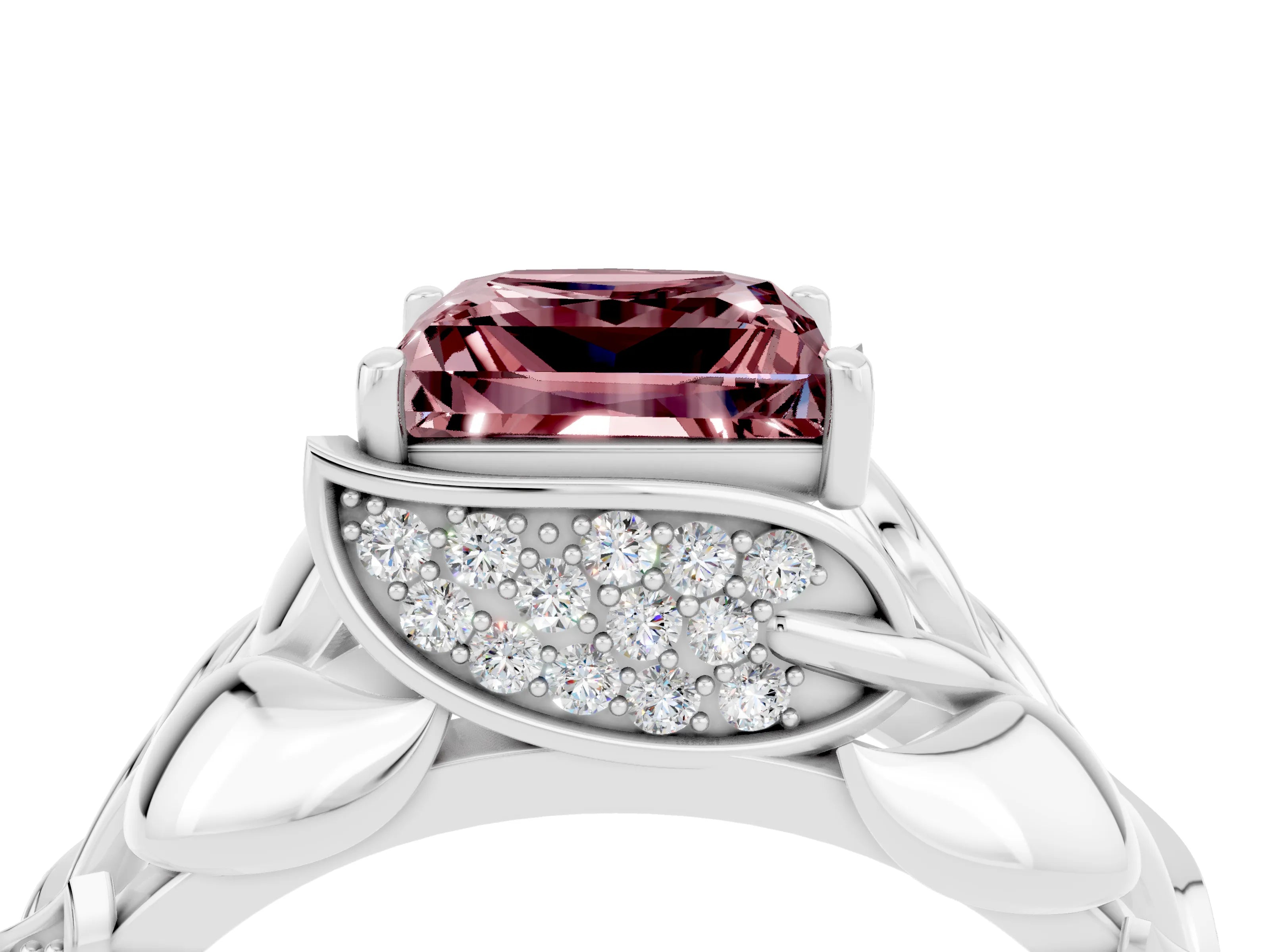 White gold Princess Cut Solitaire Leaf-Inspired Engagement Ring with Prong Setting_4