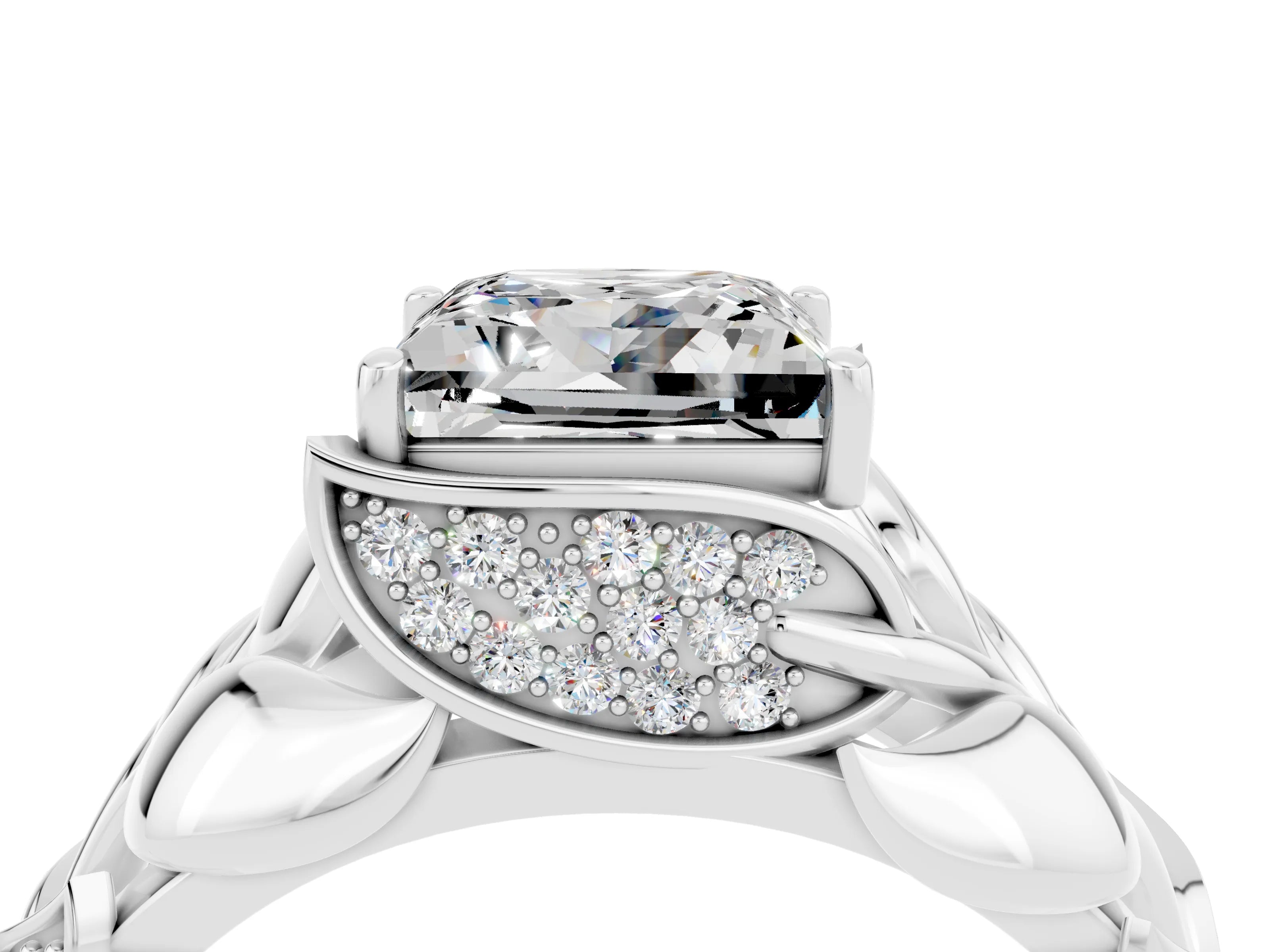 White gold Princess Cut Solitaire Leaf-Inspired Engagement Ring with Prong Setting_4
