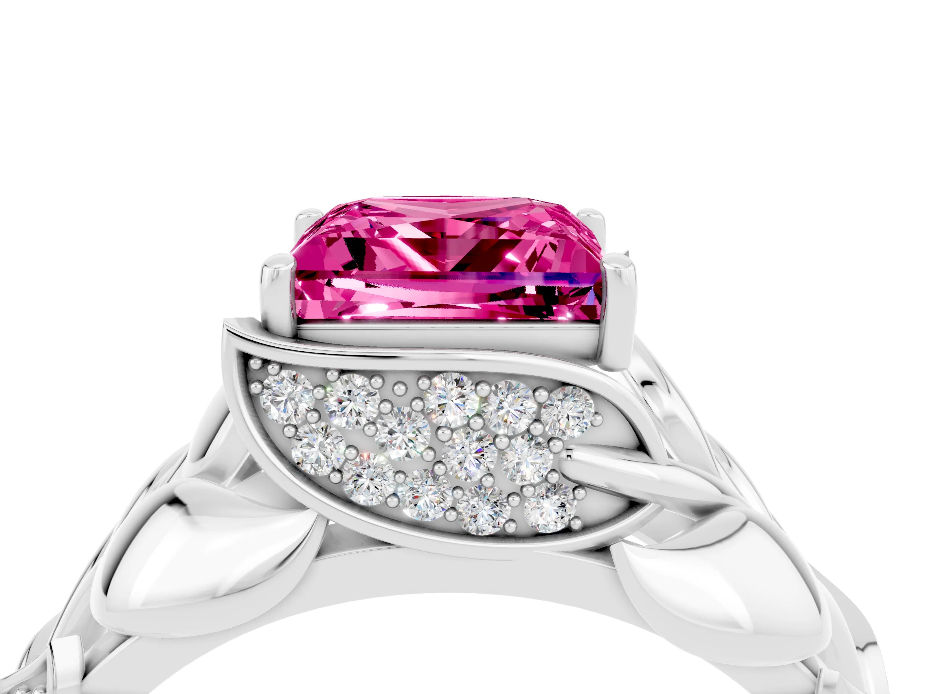 White gold Princess Cut Solitaire Leaf-Inspired Engagement Ring with Prong Setting_4